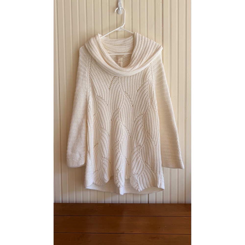 Chicos Off White Chunky Knit Cowl Neck Sweater Size 2 Large Cotton Pullover